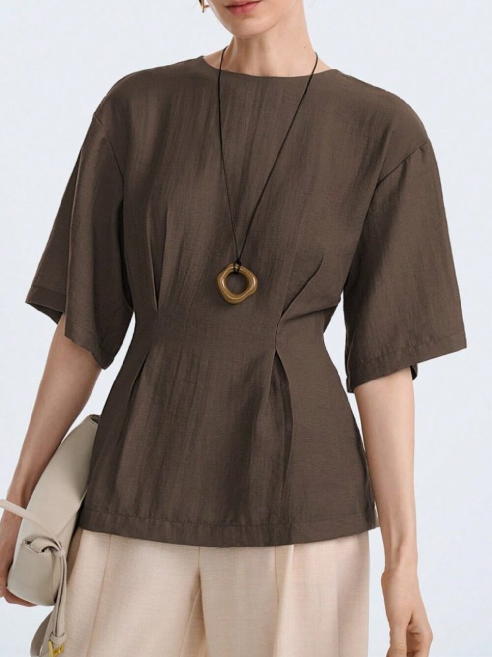 Olive Green Woven Pleated-Waist Blouse